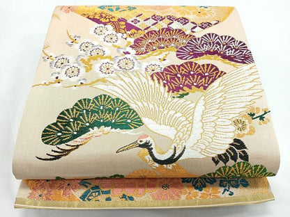 平和屋着物◎アンティーク　大正ロマン　両面　全通柄京袋帯　唐織　飛鶴梅松文　金銀糸　正絹　逸品　未使用　CABL1684nb