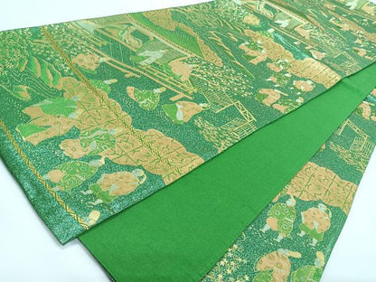 平和屋着物◎六通柄袋帯　人物風景文　金糸　正絹　逸品　CABL1689nb