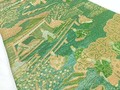 平和屋着物◎六通柄袋帯　人物風景文　金糸　正絹　逸品　CABL1689nb