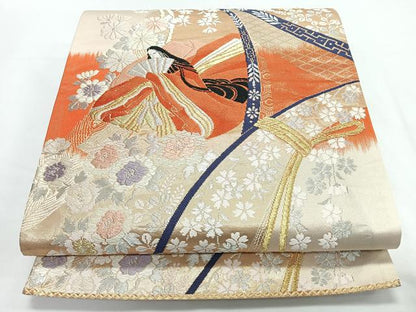 平和屋着物◎六通柄袋帯　束ね熨斗草花人物文　金銀糸　正絹　逸品　CABL1690nb