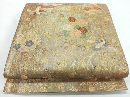 平和屋着物◎六通柄袋帯　鳳凰流水草花文　金糸　正絹　逸品　CABL1692nb