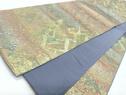 平和屋着物◎六通柄袋帯　本うるし箔金　幾何学文　正絹　逸品　未使用　CABL1693nb