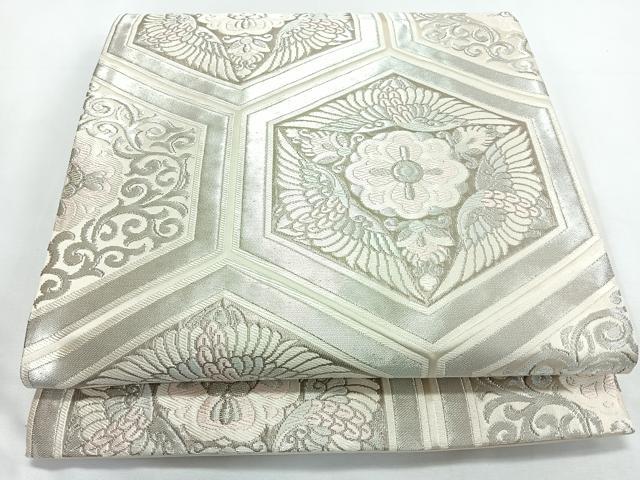 平和屋着物◎西陣　服部織物謹製　六通柄袋帯　唐織　白鳥緞子　亀甲更紗唐草鳥文　銀糸　正絹　逸品　CABL1697nb