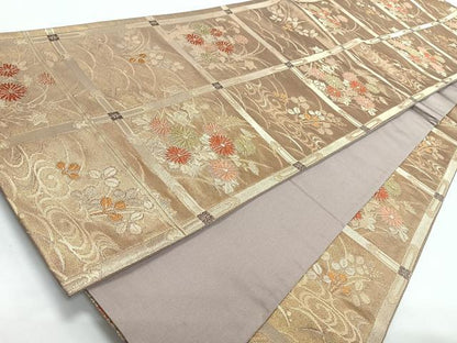 平和屋着物◎全通柄袋帯　唐織　格子蒔絵菊　金糸　引箔　正絹　逸品　CABL1699nb
