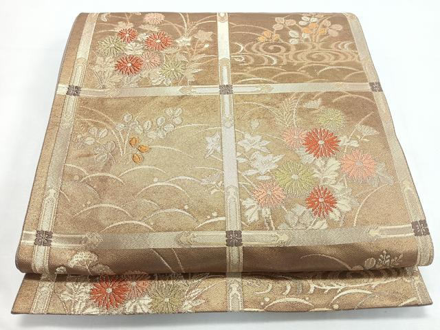 平和屋着物◎全通柄袋帯　唐織　格子蒔絵菊　金糸　引箔　正絹　逸品　CABL1699nb