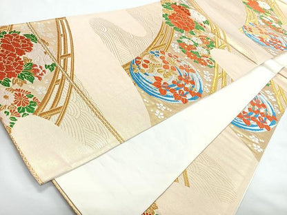 平和屋着物◎六通柄袋帯　唐織　流水渡り橋草花文　金糸　正絹　逸品　CABL1701nb