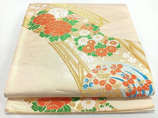 平和屋着物◎六通柄袋帯　唐織　流水渡り橋草花文　金糸　正絹　逸品　CABL1701nb