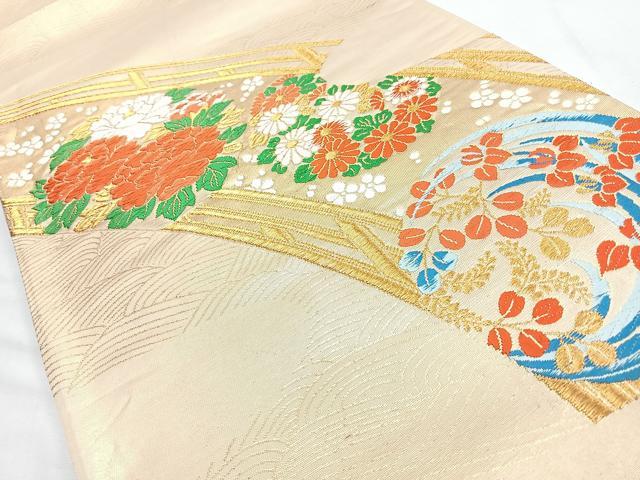 平和屋着物◎六通柄袋帯　唐織　流水渡り橋草花文　金糸　正絹　逸品　CABL1701nb