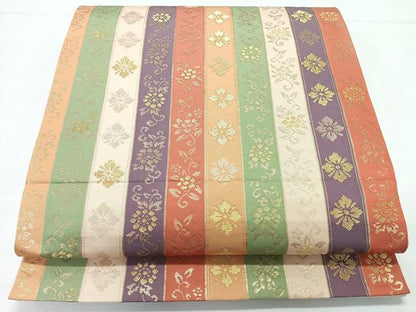平和屋着物◎六通柄袋帯　花唐草間道　金糸　正絹　逸品　CABL1703nb