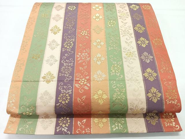 平和屋着物◎六通柄袋帯　花唐草間道　金糸　正絹　逸品　CABL1703nb