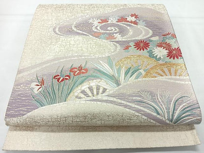平和屋着物◎六通柄袋帯　流水片輪車草花文　金銀糸　正絹　逸品　CABL1714nb