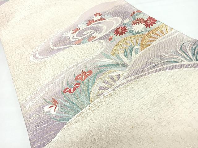 平和屋着物◎六通柄袋帯　流水片輪車草花文　金銀糸　正絹　逸品　CABL1714nb