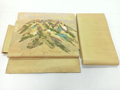 平和屋着物◎つけ帯　遠間風景文　すくい織　金糸　正絹　逸品　CABL1717nb