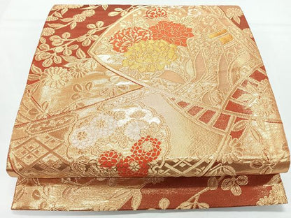 平和屋着物◎両面　全通柄袋帯　扇面御所車草花文　金糸　正絹　逸品　CABL1723nb