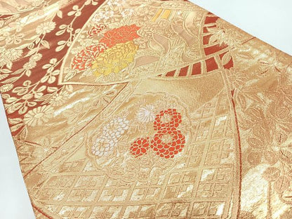 平和屋着物◎両面　全通柄袋帯　扇面御所車草花文　金糸　正絹　逸品　CABL1723nb