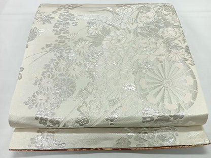 平和屋着物◎両面　全通柄袋帯　扇面御所車草花文　金糸　正絹　逸品　CABL1723nb