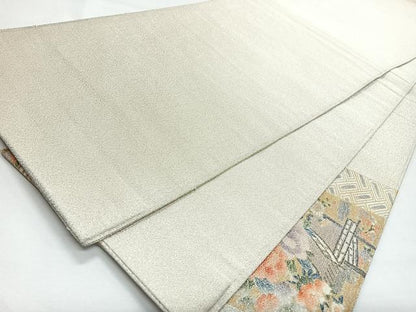 平和屋着物◎爪掻き本綴れ　太鼓柄袋帯　色紙重ね草花風景文　金銀彩　正絹　逸品　CABL1728nb