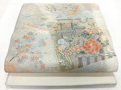 平和屋着物◎爪掻き本綴れ　太鼓柄袋帯　色紙重ね草花風景文　金銀彩　正絹　逸品　CABL1728nb