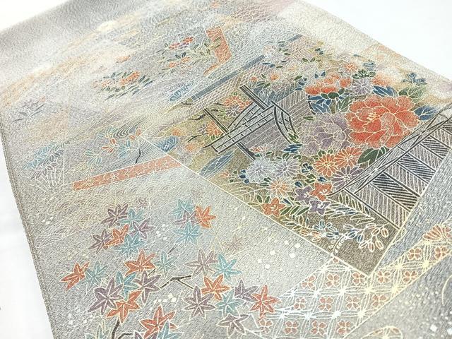 平和屋着物◎爪掻き本綴れ　太鼓柄袋帯　色紙重ね草花風景文　金銀彩　正絹　逸品　CABL1728nb