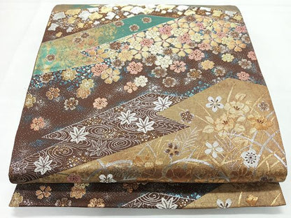平和屋着物◎六通柄袋帯　流水草花文　金銀糸　引箔　正絹　逸品　CABL1731nb