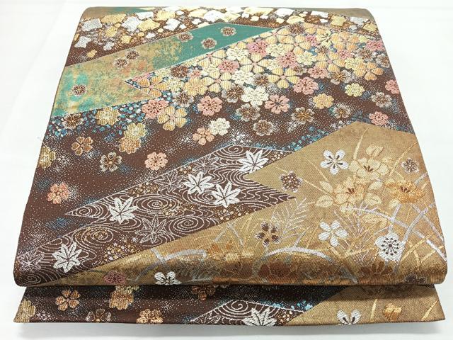 平和屋着物◎六通柄袋帯　流水草花文　金銀糸　引箔　正絹　逸品　CABL1731nb