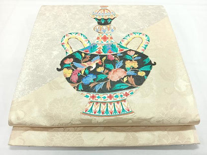 平和屋着物◎太鼓柄袋帯　手描き　陶器花文　金銀糸　正絹　逸品　CABL1739nb