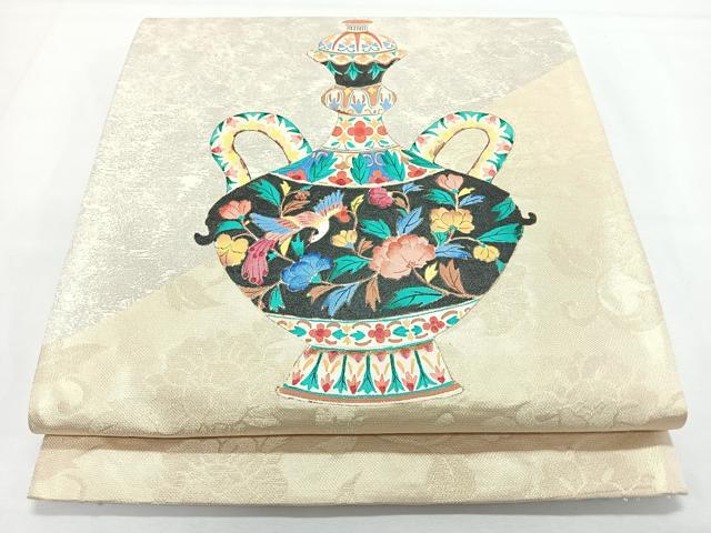 平和屋着物◎太鼓柄袋帯　手描き　陶器花文　金銀糸　正絹　逸品　CABL1739nb