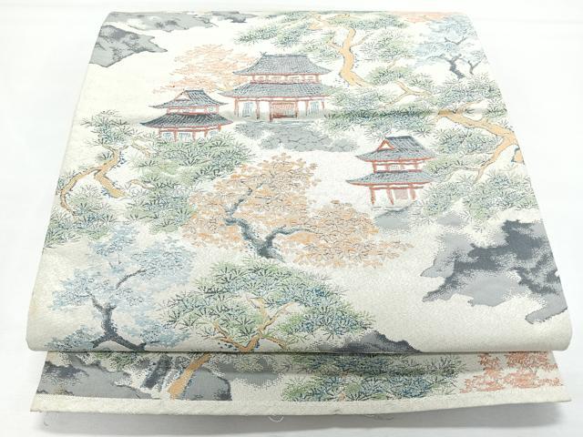 平和屋着物◎六通柄袋帯　風景文　銀糸　正絹　逸品　CABL1740nb