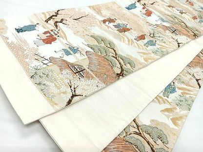平和屋着物◎六通柄袋帯　人物風景文　金糸　正絹　逸品　CABL1746nb
