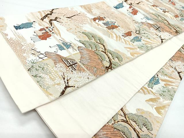 平和屋着物◎六通柄袋帯　人物風景文　金糸　正絹　逸品　CABL1746nb