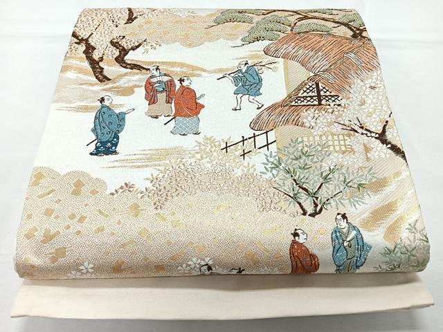 平和屋着物◎六通柄袋帯　人物風景文　金糸　正絹　逸品　CABL1746nb