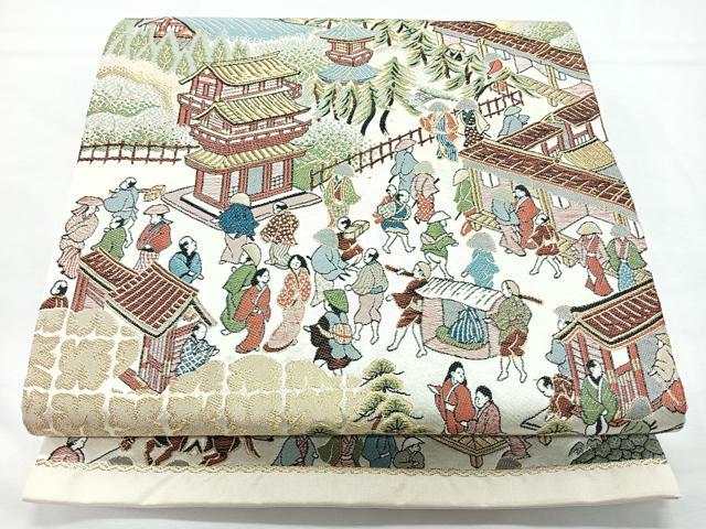 平和屋着物◎六通柄袋帯　唐織　人物風景文　金糸　正絹　逸品　CABL1749nb