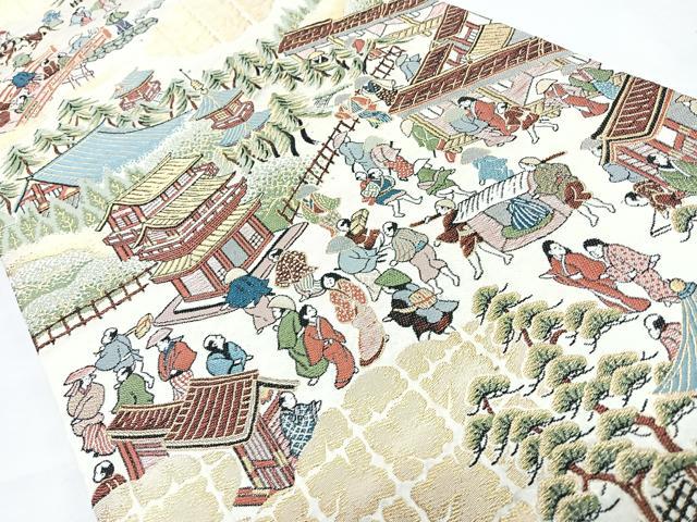 平和屋着物◎六通柄袋帯　唐織　人物風景文　金糸　正絹　逸品　CABL1749nb