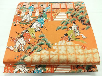 平和屋着物◎六通柄袋帯　人物風景文　金糸　正絹　逸品　CABL1751nb
