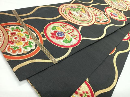 平和屋着物◎六通柄袋帯　立涌鳳凰花丸文　黒地　金糸　正絹　逸品　CABL1753nb