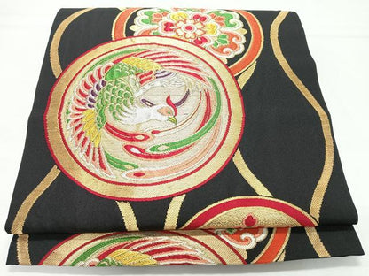 平和屋着物◎六通柄袋帯　立涌鳳凰花丸文　黒地　金糸　正絹　逸品　CABL1753nb