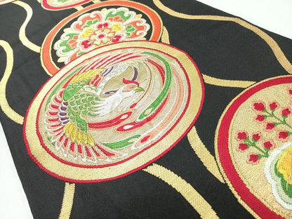 平和屋着物◎六通柄袋帯　立涌鳳凰花丸文　黒地　金糸　正絹　逸品　CABL1753nb