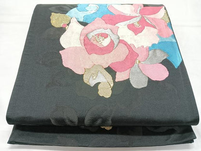 平和屋着物◎六通柄袋帯　唐織　舞花文　黒地　金銀糸　正絹　逸品　CABL1754nb