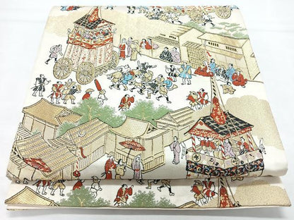 平和屋着物◎六通柄袋帯　人物風景文　金糸　正絹　逸品　CABL1755nb