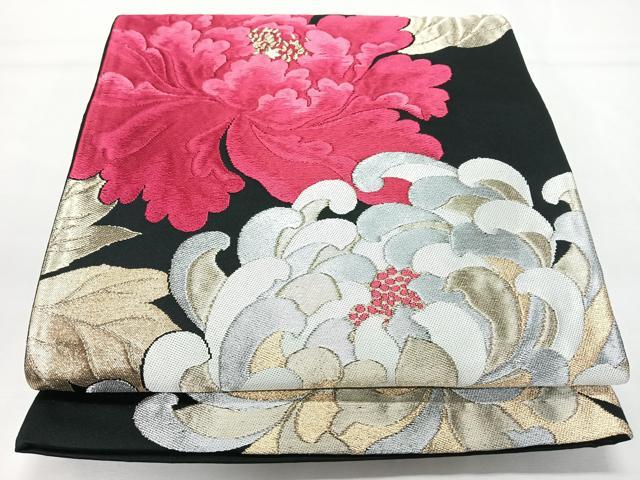 平和屋着物◎六通柄袋帯　乱菊　黒地　金銀糸　正絹　逸品　CABL1761nb