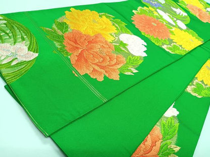 平和屋着物◎六通柄袋帯　カロ有り　草花丸文　牡丹　金銀糸　正絹　逸品　CABL1762nb