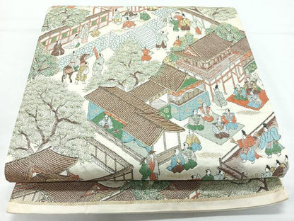 平和屋着物◎六通柄袋帯　人物風景文　金糸　正絹　逸品　CABL1763nb