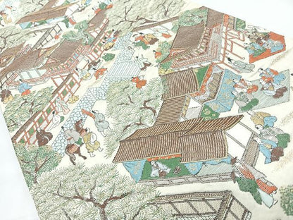 平和屋着物◎六通柄袋帯　人物風景文　金糸　正絹　逸品　CABL1763nb