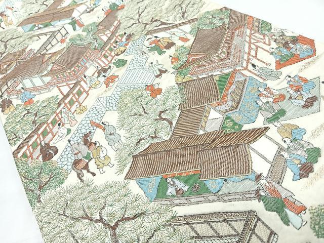 平和屋着物◎六通柄袋帯　人物風景文　金糸　正絹　逸品　CABL1763nb