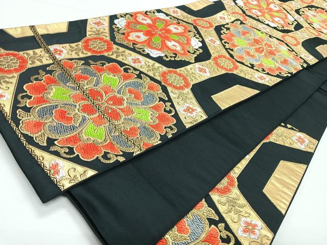 平和屋着物◎羅織袋帯　唐織　亀甲正倉院花文　黒地　金銀糸　正絹　逸品　CABL1765nb