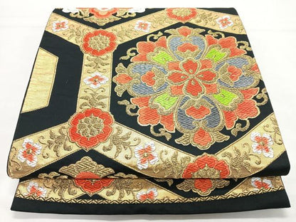 平和屋着物◎羅織袋帯　唐織　亀甲正倉院花文　黒地　金銀糸　正絹　逸品　CABL1765nb