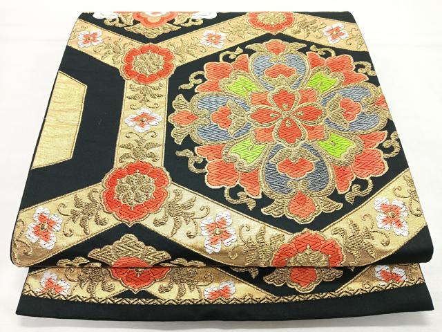 平和屋着物◎羅織袋帯　唐織　亀甲正倉院花文　黒地　金銀糸　正絹　逸品　CABL1765nb