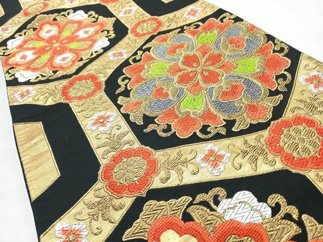 平和屋着物◎羅織袋帯　唐織　亀甲正倉院花文　黒地　金銀糸　正絹　逸品　CABL1765nb