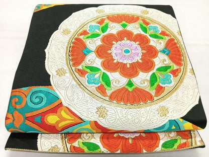 平和屋着物◎六通柄袋帯　唐織　花唐草丸文　黒地　金糸　正絹　逸品　CABL1766nb