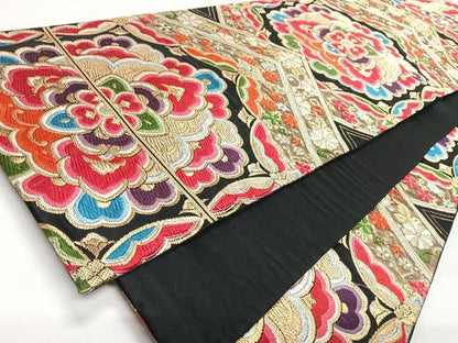 平和屋着物◎六通柄袋帯　唐織　更紗花文　黒地　金銀糸　正絹　逸品　CABL1767nb